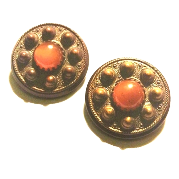 2 LARGE BAKELITE ORANGE CABOCHON BROWN METAL BUTTONS - Picture 1 of 4